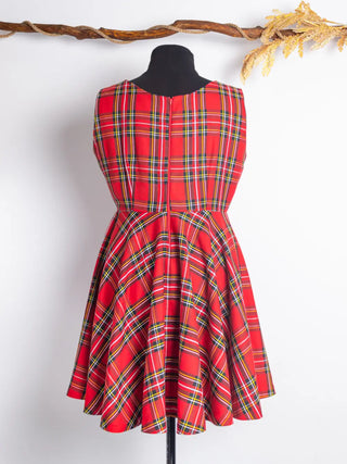 Back view of the Brianna Dress – red tartan vintage-style dress featuring a fitted bodice, invisible zipper, and full circle skirt, handmade by Cori Tailor.