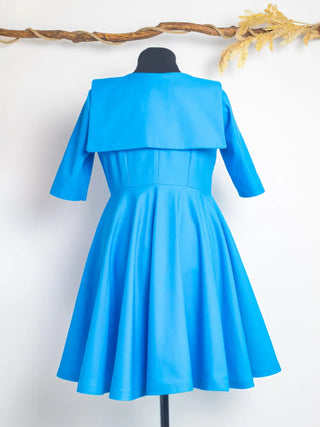 Back view of the Sailor Moon Dress – royal blue vintage dress with sailor flap panel, fitted waist, and full circle skirt. Handmade by Cori Tailor.